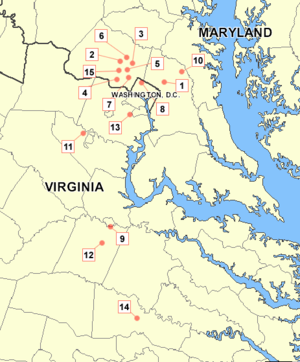 Locations of the fifteen sniper attacks numbered chronologically.