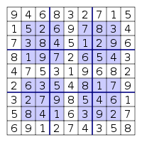 The previous puzzle, solved with additional numbers that each fill a blank space.