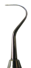 Curved tip of a small metal probe, tapering to a point.