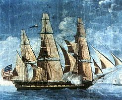 A painting depicting Constitution at sail. The bow of the ship points to the right of the frame