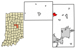 Location of Elwood in Madison County and Tipton County, Indiana.