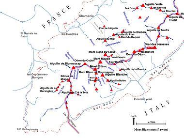 Map of western half of the Mont Blanc massif, showing main summits, ridges and valleys