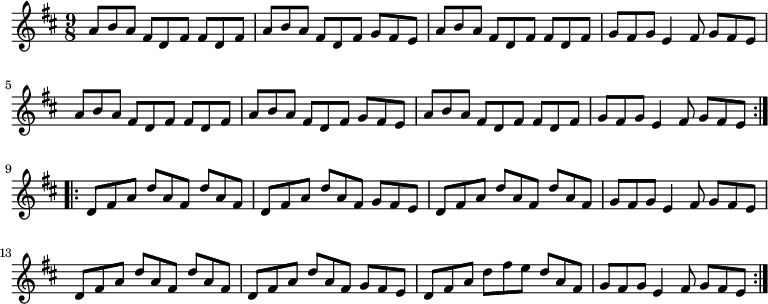  \relative c'' { \key d \major \time 9/8 \repeat volta 2 { a8 b a fis d fis fis d fis | a8 b a fis d fis g fis e | a8 b a fis d fis fis d fis | g fis g e4 fis8 g fis e | a8 b a fis d fis fis d fis | a8 b a fis d fis g fis e | a8 b a fis d fis fis d fis | g fis g e4 fis8 g fis e } \repeat volta 2 { d fis a d a fis d' a fis | d fis a d a fis g fis e | d fis a d a fis d' a fis | g fis g e4 fis8 g fis e | d fis a d a fis d' a fis | d fis a d a fis g fis e | d fis a d fis e d a fis | g fis g e4 fis8 g fis e | } } 