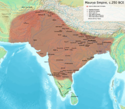 Maximum extent of the Maurya Empire, as shown by the location of Ashoka's inscriptions, and visualized by historians: Vincent Arthur Smith;[1] R. C. Majumdar;[2] and historical geographer Joseph E. Schwartzberg.[3]