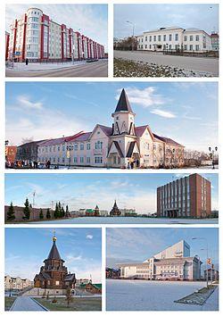 Top left: Nenets Autonomous Federal Hall; top right; Zapolyarnaya Stolitsa Avenue; second from the top: Naryan-Mar post office; second from the bottom: Town Administration building; bottom left: a church in Naryan-Mar; bottom right: culture center