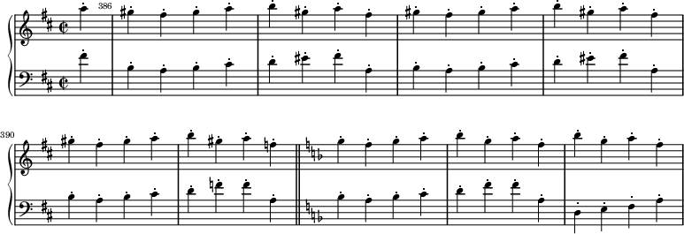 \version "2.14.1" \layout { #(layout-set-staff-size 16) } \relative c'' { \new GrandStaff << \new Staff { \override Score.BarNumber.break-visibility = ##(#f #t #t) \key d \major \time 2/2 \partial 4 a'4-. \set Score.currentBarNumber = #386 gis-. fis-. gis-. a-. \override Score.BarNumber.break-visibility = ##(#f #f #t) b-. gis-. a-. fis-. gis-. fis-. gis-. a-. b-. gis-. a-. fis-. \break gis-. fis-. gis-. a-. b-. gis-. a-. f-. \bar "||" \key f \major g-. f-. g-. a-. \repeat unfold 2 { bes-. g-. a-. f-. } } \new Staff { \clef bass \key d \major fis,4-. \repeat unfold 2 { b,-. a-. b-. cis-. d-. eis-. fis-. a,-. } b-. a-. b-. cis-. d-. f-. f-. a,-. \key f \major bes-. a-. bes-. c-. d-. f-. f-. a,-. d,-. e-. f-. a-. } >> }
