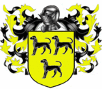 A coat of arms showing three black dogs on a field of yellow.