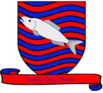 A coat of arms showing a silver fish on field of rippling red and blue