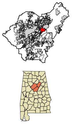 Location of Leeds in Jefferson County and Shelby County and St. Clair County, Alabama.