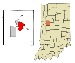 Location of Lafayette in Tippecanoe County and the state of Indiana