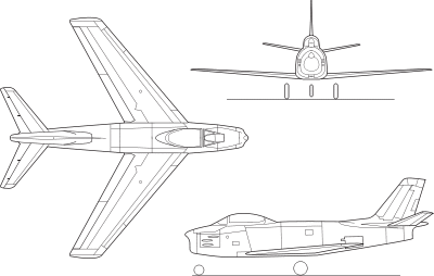 Orthographically projected diagram of the F-86 Sabre.