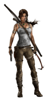 A computer generated image of a brown haired woman whose body faces to the right while her head is turned down towards the ground, and left hand is placed on her wounded shoulder. She wears a dirty white shirt, ripped green pants and black boots. She has several abrasions covered by cloth. The woman holds a bow in her right hand.