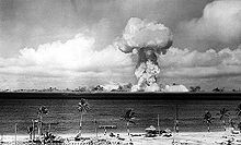The airburst nuclear explosion of July 1, 1946. Photo taken from a tower on Bikini Island, 3.5 miles (5.6 km) away.