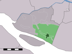 The town centre (dark green) and the statistical district (light green) of Zuid-Beijerland in the former municipality of Korendijk.
