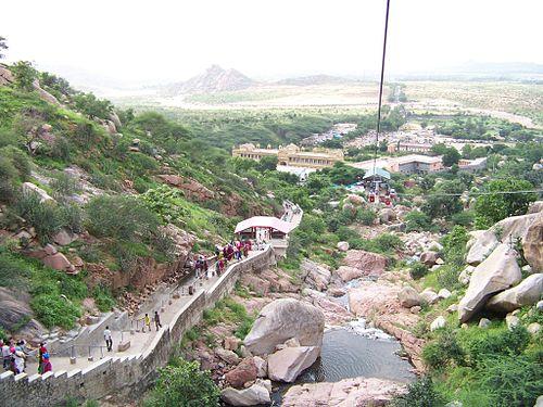This is a photo of the way of Sundha Mata temple showing the ropeway to reach to the temple as so many stairs are there in between the mountains. The view is totally fabulous and natural.