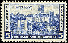 Image of a U.S. commemorative stamp featuring buildings at West Point