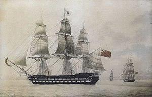 H.M. ship "Vengeur" in Naples Bay with the Neapolitan flag at her main masthead, 1820, by Nicolas S. Cammillieri.jpg