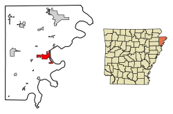 Location of Osceola in Mississippi County, Arkansas.