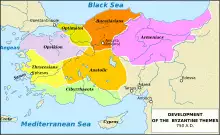 Map of Byzantine Empire showing the themes in circa 750