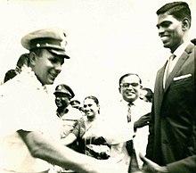 Gagarin at Palaly Airport, Jaffna, Sri Lanka in April, 1961 after being garlanded by Olympian Nagalingam Ethirveerasingam.