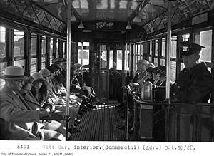 Interior of a Peter Witt streetcar of the TTC, showing the pay upon exit system.jpg