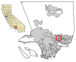 Location of Mayflower Village in Los Angeles County, California.