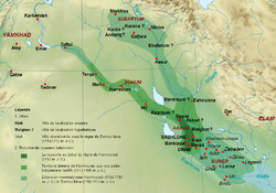 The extent of the First Babylonian Empire at the start and end of Hammurabi of Babylon's reign, c. 1792 BC – c. 1750 BC