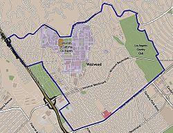 Westwood neighborhood as delineated by the Los Angeles Times. Latter-Day Saints Temple in red.