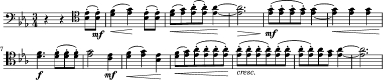 { \clef bass \key c \minor \time 3/4 \set Score.tempoHideNote = ##t \tempo 4 = 60 r4 r4 \clef tenor <bes es'>8-.( <bes es'>-.) \mf <d' f'>4(\< <es' g'>)\! <bes es'>8-.( <bes es'>-.) <d' f'>8(\< <es' g'>) <es' as'>-.( <es' as'>-.) <es' as'>4\!~ <es' as'>2.\> <es' g'>8-.( \mf <es' g'>-. <es' g'>-. <es' g'>-.) <es' g'>4~ <es' g'>\< <es' g'> <es' g'> <d' f'>4.\f <d' f'>8-.( <d' f'>8-. <d' f'>8-.) <es' g'>2 <c' es'>4 \mf <d' f'>(\< <es' g'>) <bes es'>\! <d' f'>8\<( <es' g'>) <es' as'>-.( <es' as'>-. <es' as'>-. <es' as'>-.\!) <es' as'>-.(_\markup{\italic{cresc.}} <es' as'>-. <es' as'>-. <es' as'>-.\!) <es' as'>-.( <es' as'>-. <es' as'>-. <es' as'>-.\!) <es' as'> <es' g'> <es' as'>4~ <es' as'>2. }