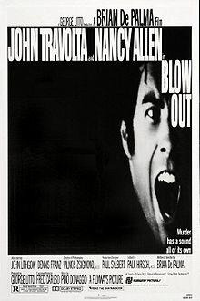 The poster has a squeezed, black-and-white image of John Travolta screaming, with the tagline below reading "Murder has a sound all of its own".