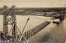 Building the Bodie Creek Suspension Bridge. 1925.jpg
