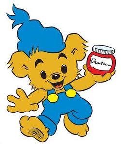 An illustration of an anthropomorphized, bipedal brown bear wearing a blue overall and a blue knit cap, and carrying a red jar of honey.