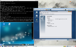 Screenshot of QEMU/KVM running NetBSD, OpenSolaris and Kubuntu guests on an Arch Linux host.