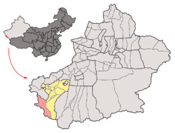 Taxkorgan County (red) in Kashgar Prefecture (yellow) and Xinjiang