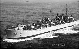 USS Atlas (ARL-7) departing San Francisco Bay, in February 1953.jpg