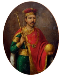 Modern painting of a standing man dressed in a green tunic, red cape, holding a sceptre and globus cruciger and wearing a gold-and-red crown