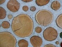 Cordwood masonry wall detail. This alternative building method is called "cordwood masonry", "cordwood construction" or "stackwall" because the wall resembles a stack of cordwood. Source: Rob Roy, Earthwood Building School. http://www.cordwoodmasonry.com