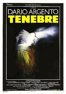 A film poster with the main image a woman's upper shoulders and head on a black background. Facing upwards with her head arched back, she is drained of color, save for her red hair and the red line of blood where her throat has been cut. Above, "DARIO ARGENTO. TENEBRAE". Underneath, the film credits.