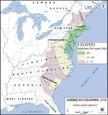 MAP of North America east of the Mississippi River outlining state borders in 1782 after state cessions of the Northwest Territory to Congress. Superimposed are three colors showing density of settled population, settlers per square mile (SPSM) in 1776: coastal Boston to Baltimore is green for over 40 SPSM; then next a thin area in tan for 15–40 SPSM for New England, then that settlement sweeps out for one hundred miles west into the frontier of southern Pennsylvania, Virginia and northeast North Carolina – and then the 15–40 SPSM tan color reappears in a 50-mile half-circle around Charleston, SC; the sparsest settlement is colored light purple for the far frontier with 2–15 SPSM for modern Maine, New Hampshire and Vermont, perhaps a 20-mile buffer east of the Allegheny Mountains in New York and Pennsylvania, then reaching farther west another 100 miles into the Appalachian Mountains for Virginia, North Carolina and South Carolina.