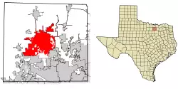 A map showing the state of Texas divided into counties. Denton County is located in north-eastern Texas, two counties south of the Oklahoma–Texas border.