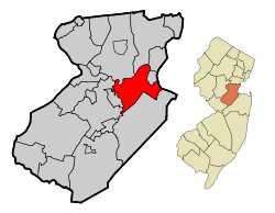 Location of Sayreville in Middlesex County. Inset: location of Middlesex County in New Jersey.