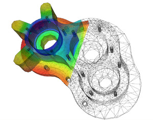 One of the simpler examples provided with Elmer, a thermal model of a pump casing, as visualised using the ElmerPost tool