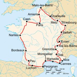Route of the 1932 Tour de France followed counterclockwise, starting in Paris
