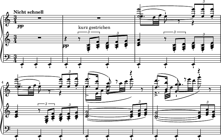  { \new PianoStaff << \new Staff << \new Voice \set Score.tempoHideNote = ##t \tempo "Nicht schnell" 4 = 120 \relative e'' { \clef "treble" \key a \minor \stemUp \set Staff.midiInstrument = #"piano" \time 3/4 | % 1 s1. \pp | % 3 <e e'>2 ~ ~ \once \override TupletBracket #'stencil = ##f \times 2/3 { <e e'>8 -! <e e'>8 <e e'>8 -. } | % 4 <e e'>2 ~ ~ \once \override TupletBracket #'stencil = ##f \times 2/3 { <e e'>8 -! <e e'>8 <f f'>8 -. } | % 5 <e e'>8. ^( -> <c c'>16 <a a'>8 ) -! r8 r4 | % 6 <d d'>8. ^( -> <b b'>16 <g g'>8 ) -! r8 r4 } \relative e'' { \clef "treble" \key a \minor \stemDown \time 3/4 | % 1 R2.*2 | % 3 e8. ( -> d32 f32 e8 ) -! r8 r4 | % 4 e8. ( -> d32 f32 e8 ) -! r8 r4 | % 5 e8. _( e,32 a32 e'8. a32 c32 e8 ) -! r8 | % 6 r8. g,,32 _( d'32 g8. e'32 d32 g8 ) -! r8 } >> \new Staff \relative e { \set Staff.midiInstrument = #"piano" \key a \minor \clef treble \time 3/4 R2. | % 2 r4 \pp \times 2/3 { r8 ^"kurz gestrichen" <e g c>8 -. <a c f>8 -. } \once \override TupletBracket #'stencil = ##f \times 2/3 { <g b e>8 -. <a c f>8 -. <b d g>8 -. } | % 3 <c e a>4 \times 2/3 { r8 <e, g c>8 -. <f a d>8 -. } \once \override TupletBracket #'stencil = ##f \times 2/3 { <g b e>8 -. <e g c>8 -. <g b e>8 -. } | % 4 <c e a>4 \times 2/3 { r8 <e, g c>8 -. <a c f>8 -. } \once \override TupletBracket #'stencil = ##f \times 2/3 { <g b e>8 -. <a c f>8 -. <b d g>8 -. } | % 5 <c e a>2 ( ~ ~ ~ \once \override TupletBracket #'stencil = ##f \times 2/3 { <c e a>8 <d f b>8 <e g c>8 ) } | % 6 <b d g>2 ( ~ ~ ~ \once \override TupletBracket #'stencil = ##f \times 2/3 { <b d g>8 <e g c>8 <c e a>8 ) } } \new Staff \relative e, { \set Staff.midiInstrument = #"piano" \key a \minor \clef bass \time 3/4 e4 -! e4 -! e4 -! | % 2 e4 -! e4 -! e4 -! | % 3 e4 -! e4 -! e4 -! | % 4 e4 -! e4 -! e4 -! | % 5 e4 -! e4 -! e4 -! | % 6 e4 -! e4 -! e4 -! } >> } 