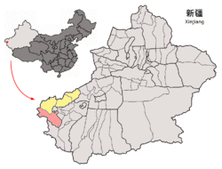 Location of the county (red) in Kizilsu Prefecture (yellow) and Xinjiang