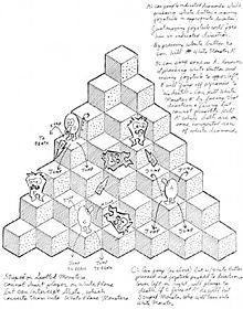A concept sketch illustrating an earlier outline of the game. The pyramid and Q*bert's movement are already very similar to the final product, but it still shows a shooting mechanic, which was not implemented in the final game. It also shows a sole enemy type not in the final game, which differs only in its shading and orientation on the three visible sides of the cubes.