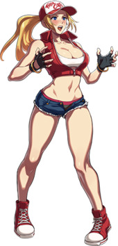 An illustration of Terry from SNK Heroines, where he has been turned into a woman, and wears a feminine variant of his regular outfit that bares a lot of skin.