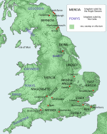 A map showing England and Wales, with the locations of Celtic and Anglo-Saxon kingdoms marked, and some towns
