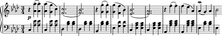  \relative c' { \new PianoStaff << \new Staff { \key f \minor \time 3/4 \tempo \markup { \column { } } r <aes' aes'>-.( <aes aes'>-.) <aes aes'>( <g g'> c) <c f,>2.( <bes f>) r4 <g g'>4-.( <g g'>-.) <g g'>( <f f'> bes) <bes ees,>2.( <aes ees>) r4 f'4-.( f-.) f ( ees aes,) aes\mordent( g) aes bes2 } \new Dynamics { s\p } \new Staff { \key f \minor \time 3/4 \clef bass c,,4 <aes' ees'> <aes ees'> c, <aes' ees'> <aes ees'> des, <bes' des> <bes des> des, <bes' des> <bes des> bes, <bes' des> <bes des> ees, <g des'> <g des'> c, <ees c' aes> <ees c' aes> c <ees c' aes> <ees c' aes> aes, <aes' ees' c> <aes ees' c> aes, <aes' ees' c> <aes ees' c> ees <bes' des> <bes des> ees, } >> } 
