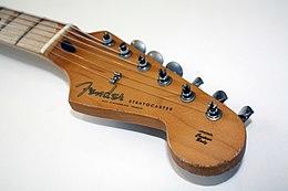 Stratocaster headstock, with six inline tuning pegs (machine heads) down one side